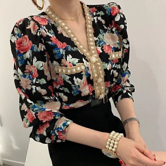 V neck Single-breasted Long-sleeved Floral Chiffon Shirts XL - Picture 3 of 12